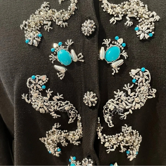 Michael Simon Silk Black Cotton Beaded Cardigan Gecko Frogs Turquoise Medium - Picture 4 of 8